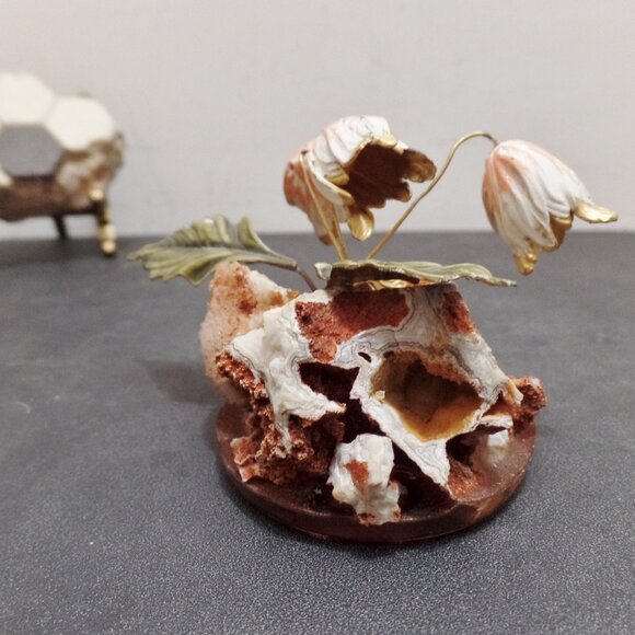 Hand Crafted And Enameled Flowers In Natural Golden Coral Rock Formation - Picture 3 of 10